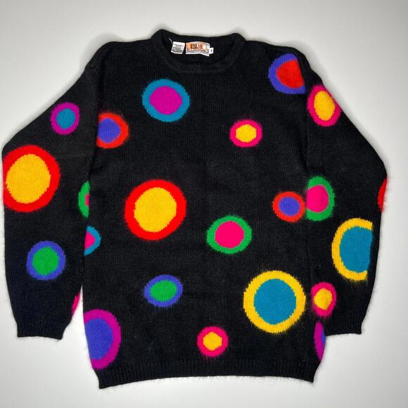 Rafaella Sweaters - Vintage Rafaella Angora Wool Blend Sweater Black Colorful Polka Dot 80s Size S